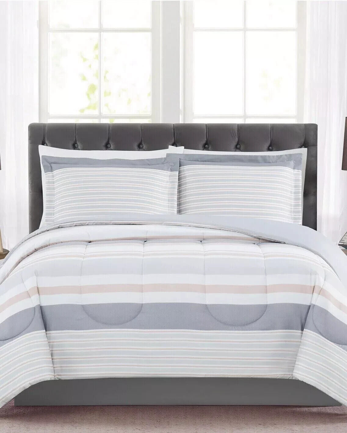 Reversible Pastel Blush Gray Tone Stripe Pattern Comforter Sham Set Full/ Queen